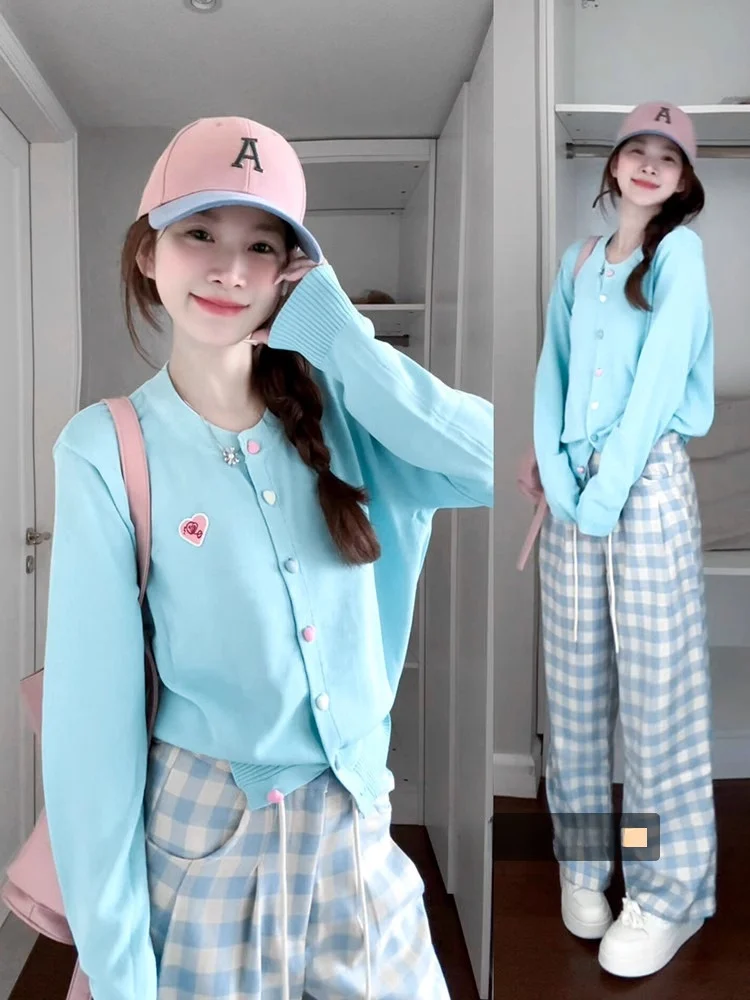 

Dopne Blue Knitted Open Cardigan Sweater Women's Spring 2026 New Korean Sle Slim Fit Top Casual Soft Long Sve Button