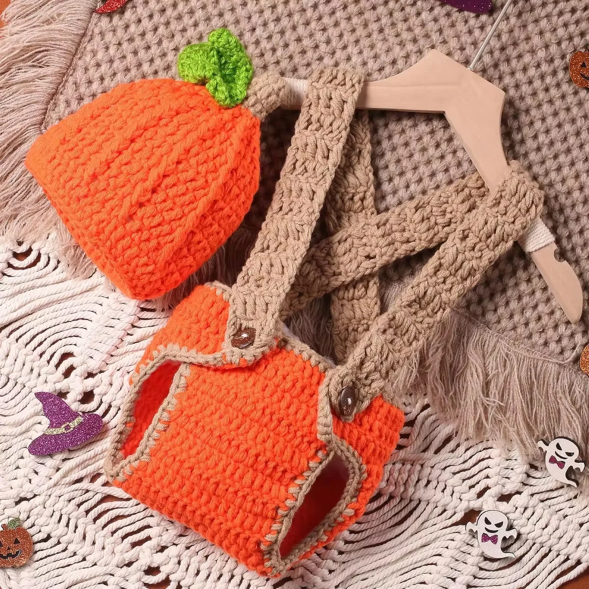 Ylsteed Hand Knitting Newborn Halloween Oufits for Photo Shooting Infant Photography Props Pumpkin Hat and Pants Set