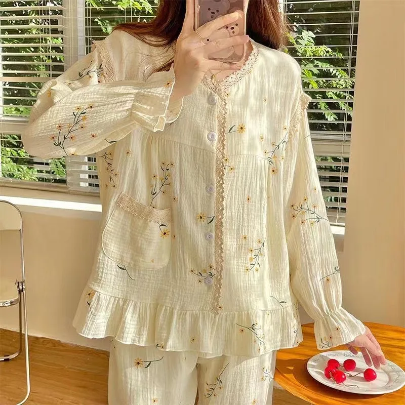 Women\'s Rustic Pajamas Women\'s Autumn Small Yellow Flower Round Neck Lace Cardigan Long Sleeve Long Pants Casual Homewear Set Ms