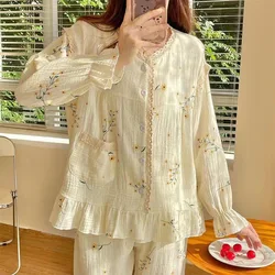 Women's Rustic Pajamas Women's Autumn Small Yellow Flower Round Neck Lace Cardigan Long Sleeve Long Pants Casual Homewear Set Ms