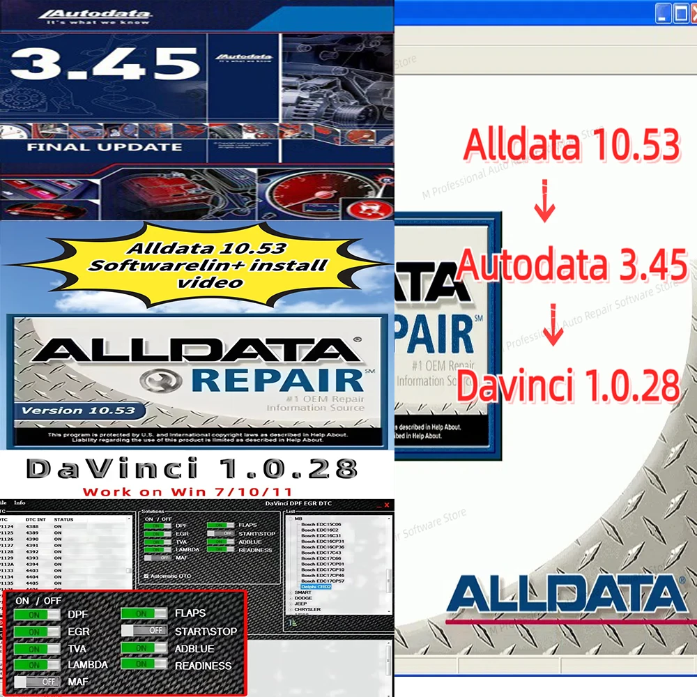 The latest version of this year's car repair software Alldata 10.53/Autodata 3.45/Davinci1.0.28 diagnostics, activate infinite u