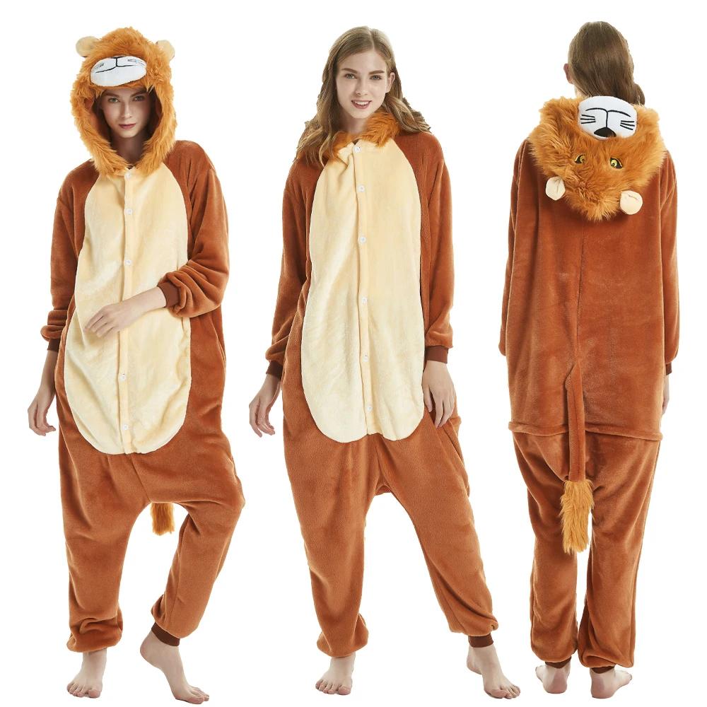 

Halloween Loin Kigurumi Pajamas for Women Falnnel Thick One-piece Sleepwear Cute Cartoon Adult Jumpsuit Animal Hooded Onesies