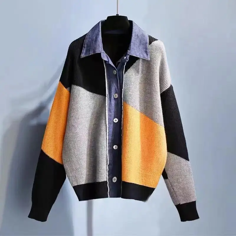 Fashion Streetwear Contrasting Colors Patchwork Cardigan Single-breasted Autumn Winter Denim Polo-Neck Fake Two Pieces Sweaters