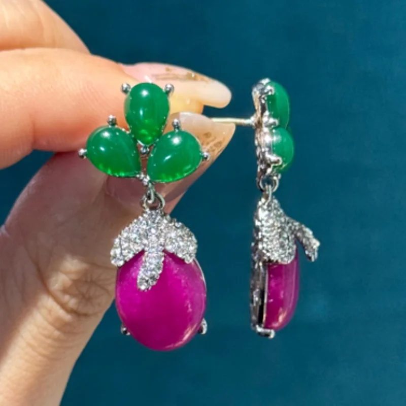 

Vintage Rose Red Green Agate Jewelry Stud Earring Designer Luxury Antique Silver Plated For Women Dubai Brand Quality Valentine