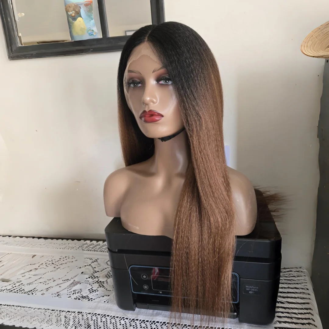 Soft 28Inch Long Glueless Ombre Blond Kinky Straight Yaki Lace Front Wig For Women With Baby Hair Preplucked Daily