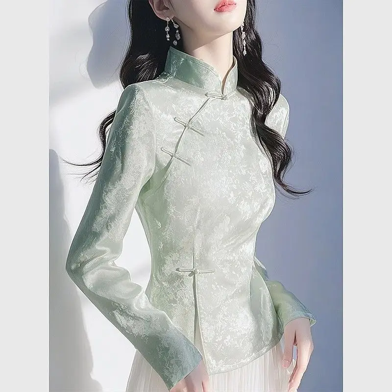 New Chinese mint green shirt women's 2025 spring new high-end retro buckle national style Tang suit stand-up collar top