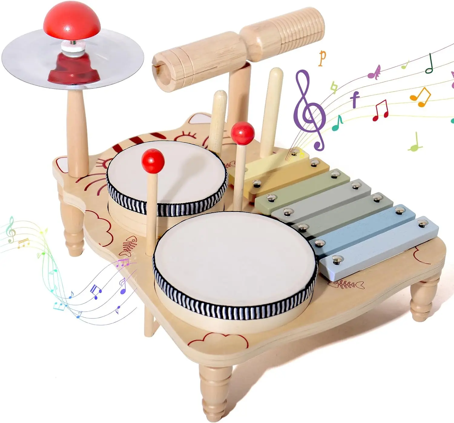 Xilófono de madera y batería multifuncional para niños pequeños y bebés - Juguete de instrumentos musicales de percusión Montessori