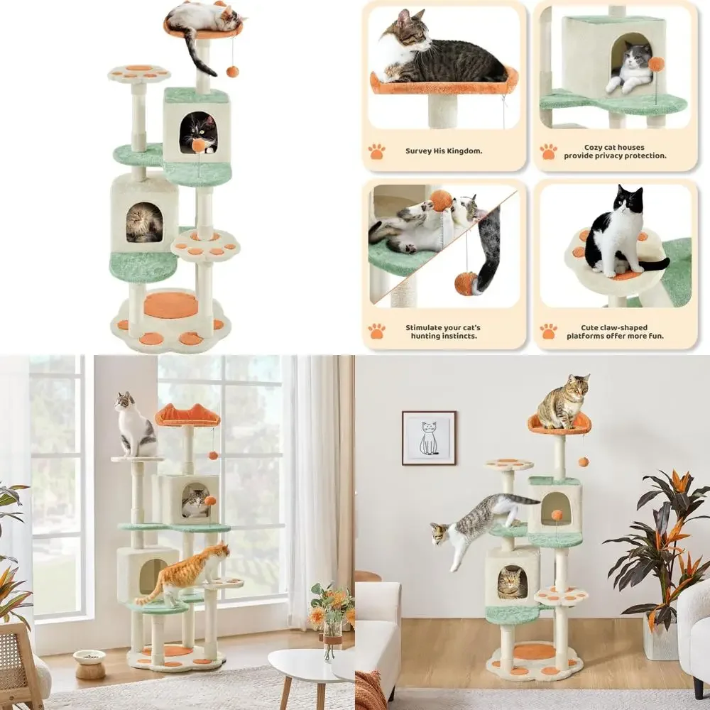 

Многофункциональная башня для кошачьего дерева 57,5 дюйма с платформой в форме лапы, когтеточками, 2 кондиционера и дополнительными функциями