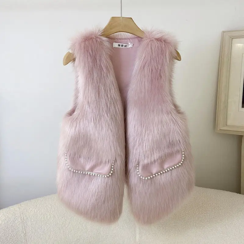 

Женская пушистая куртка без рукавов, зимние короткие пальто из искусственного лисьего меха, корейская повседневная черная верхняя одежда с v-образным вырезом, женское теплое плюшевое пальто