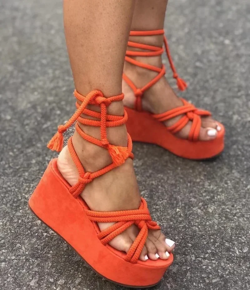 2024 Summer New Platform Wedge Sandals for Women Fashion Round Toe Cross Tied Height Increase Open Toe Femme Sandal Plus