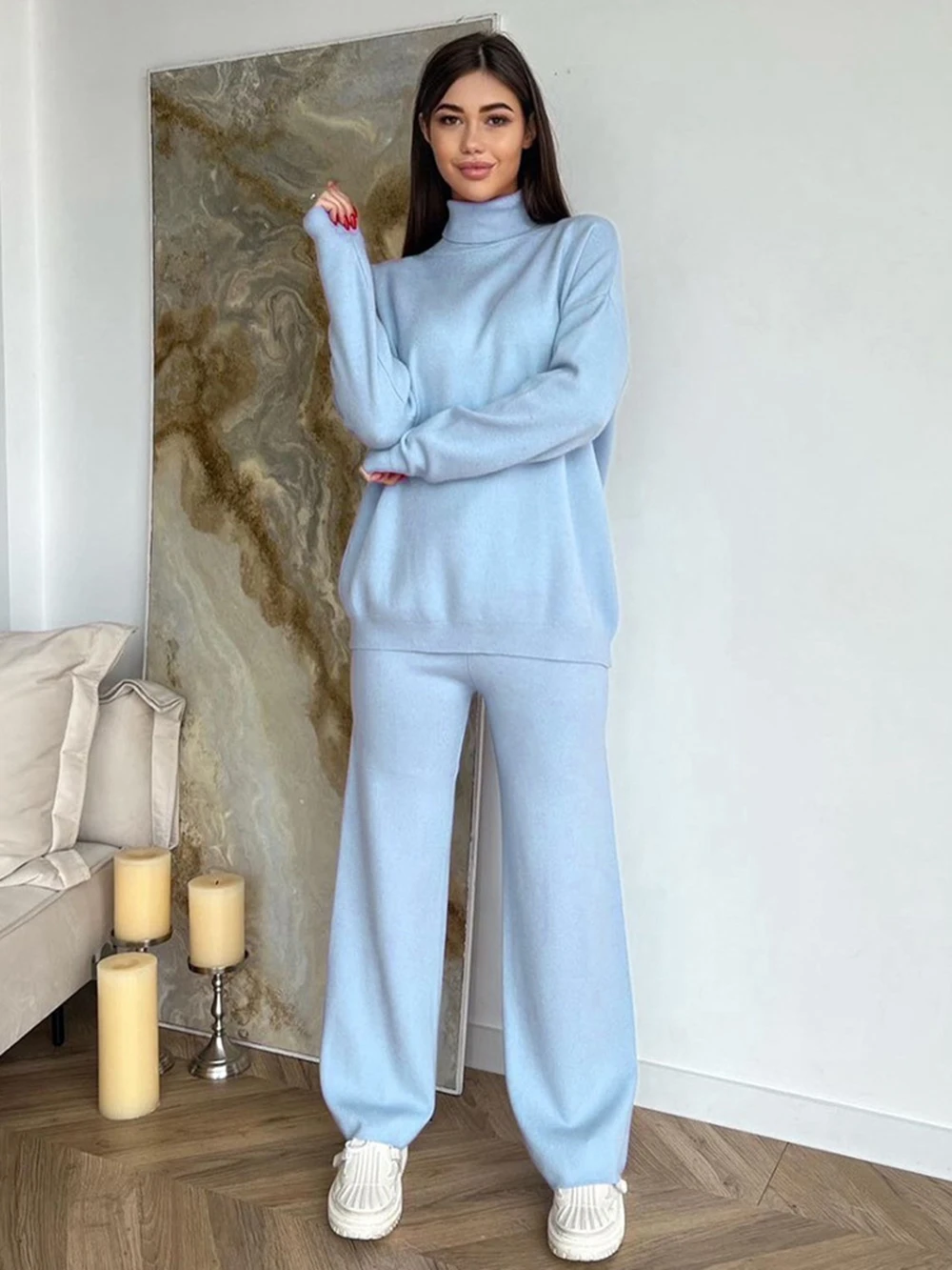 Wixra Women Knitted Suits Solid Turntleneck Full Sleeve Sweater+High Waist Straight Trousers Female 2-Piece Sets