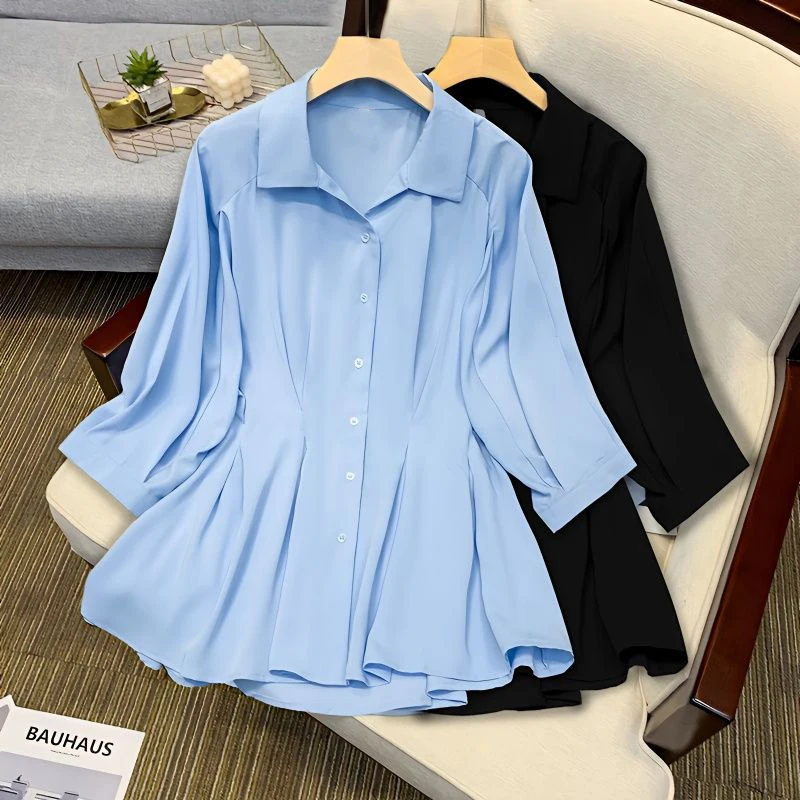 Womens Clothing Ruffle Elegant Business Casual Office Lady Button Up Shirt Simple Solid Blouse Tunic Tops Blusas Mujer Moda 2023