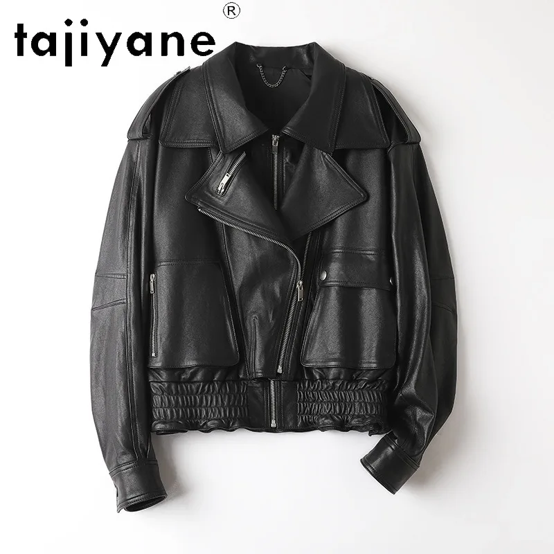 TAJIYANE Genuine Leather Jacket Women Double Zippers Black Biker Jackets Full Vegetable Tanned Sheepskin Outerwear Elastic Hem