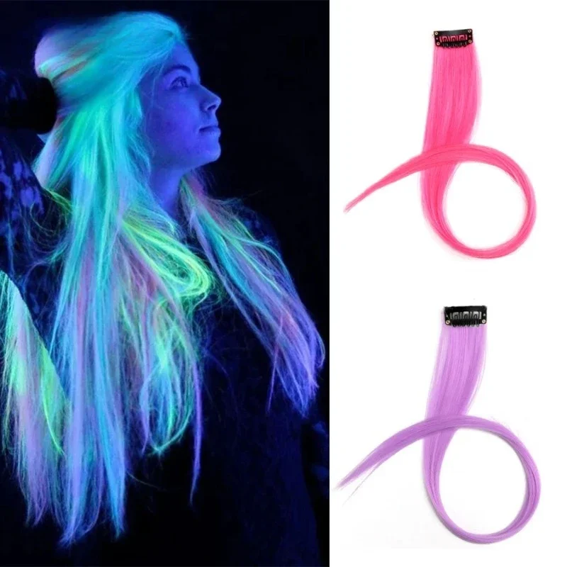 1 stks/UV Glow Clip in Hair Extensions 20 inch Kleurrijke Synthetische Haarstukje Geen Spoor Onzichtbare Clips voor Vrouwen Rave party