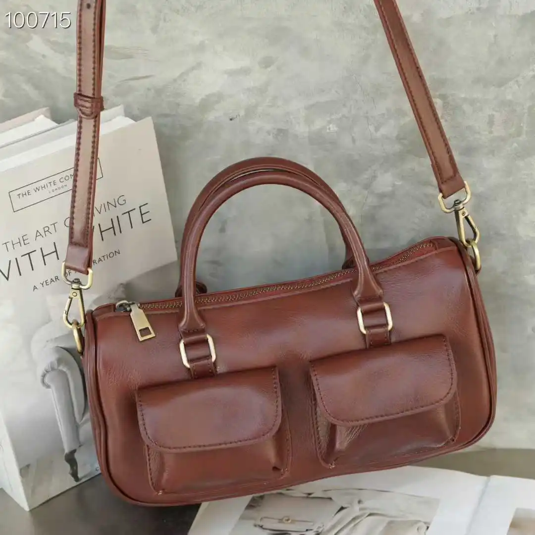 

Новая женская сумка-тоут из натуральной вощеной кожи 2026 года с декоративными карманами, модная женская сумка через плечо или кроссбоди