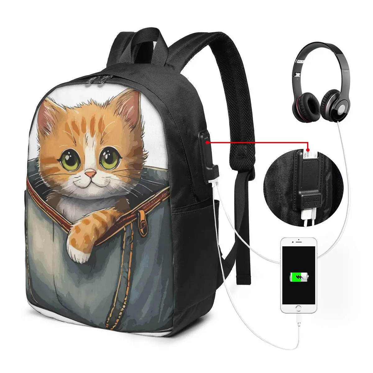 Kawaii Cartoon Cat In Bag Print Backpack Travel Notebook Bag Computer College Student School Bag Laptop Shoulder Bags Men Women