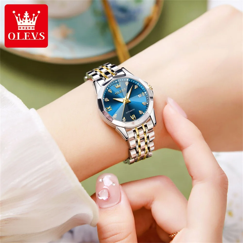 OLEVS 9982 Women\'s Watches Rhombus Mirror Original Automatic Mechanical Watch for Women Waterproof Stainless Steel Watch Ladies