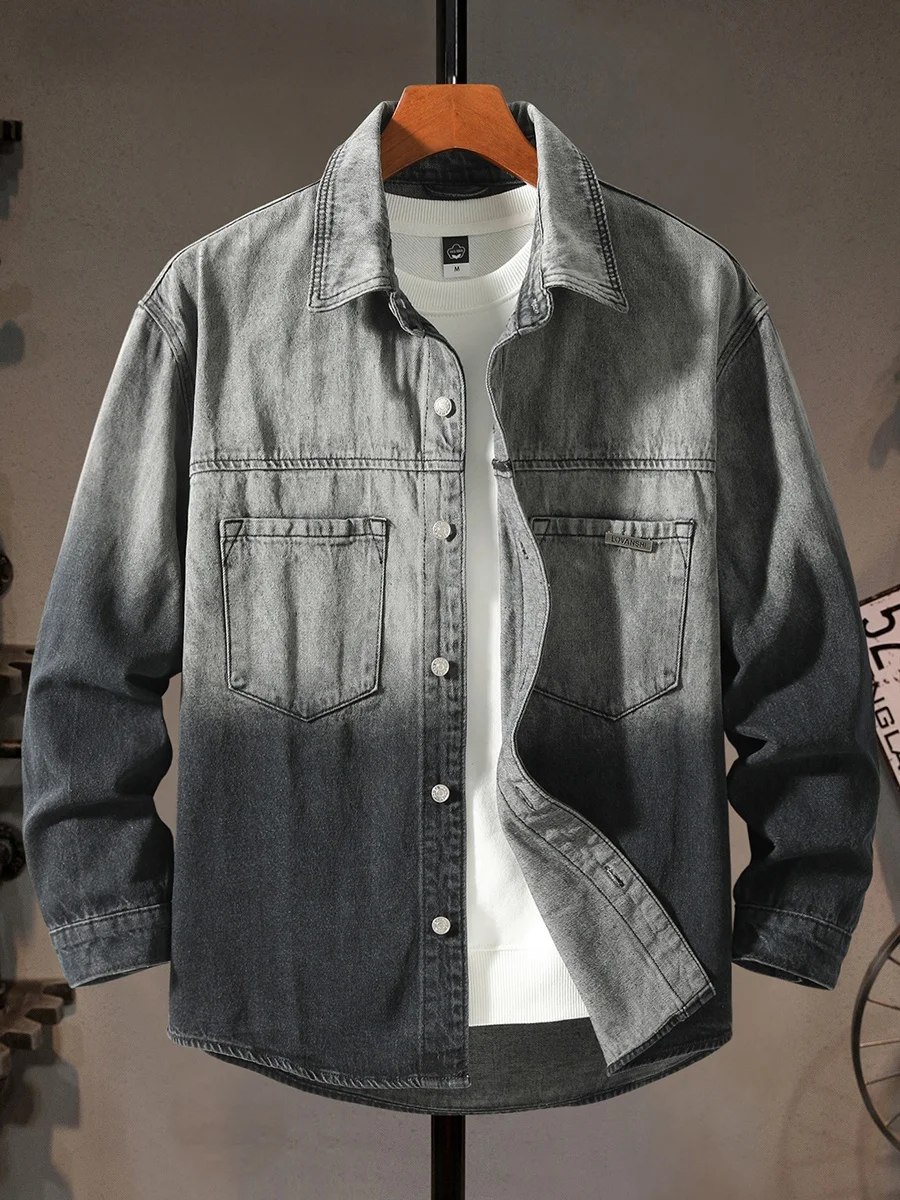 

Высококачественная джинсовая рубашка с градиентным эффектом для мужчин, весна-осень, свободный крой, модная, с воротником, в стиле рабочей одежды, повседневная, из смесового хлопка и полиэстера