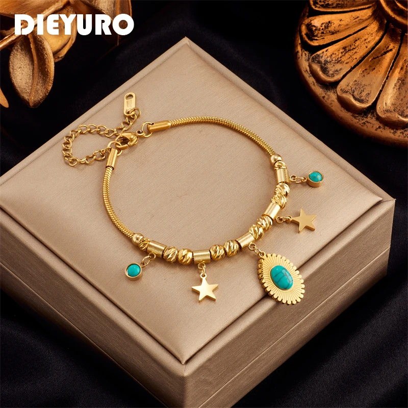 

DIEYURO 316L Stainless Steel Oval Green Stone Charm Bracelet For Women Vintage Girls Bracelets Fashion Jewelry Gifts Браслет