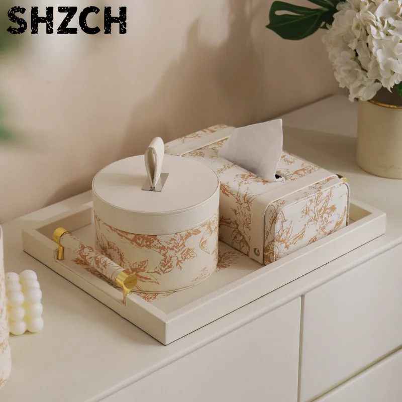 Cream Style Leather Tissue Box Handmade Dustproof Storage Box Coffee Table Organizer Round Desktop Jewelry Box for Living Room