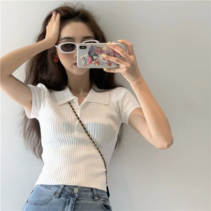 Crop Tops Spice Girls Women Tide Summer New Short Tops Knit Polo Shirt Leisure Streetwear Womenswear Trends Solid Colors V-neck