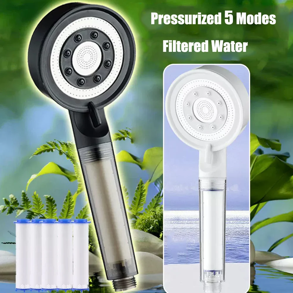 High Pressure 5 Modes Adjustable Shower Head with Filter Black Shower Head Set Large Water Flow Rainfall Spray Bathroom Accessor