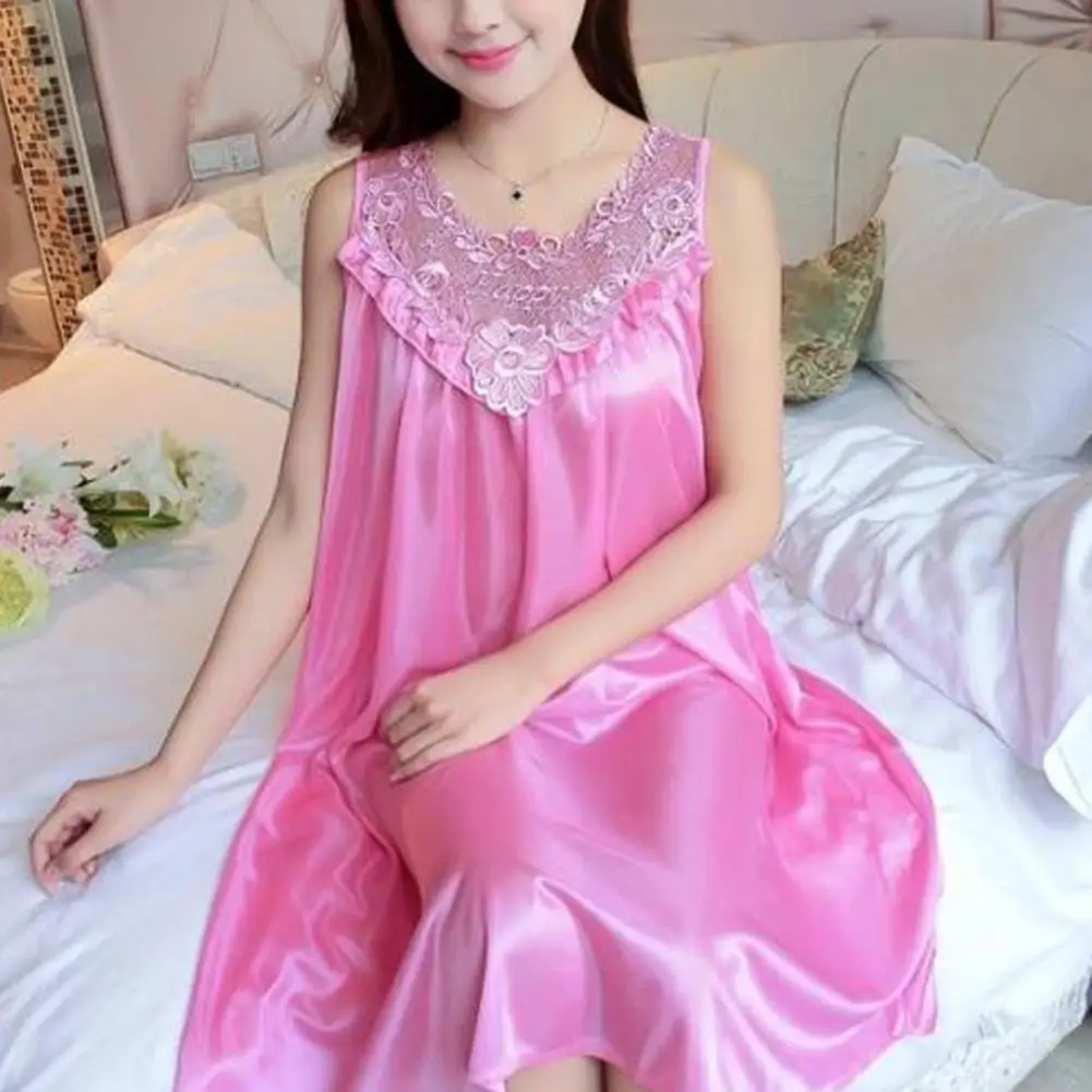 Ice Silk Satin Women Nightgown Sleeveless Lace Stitching Large Sexy Night Dress Sleepwear Female Nightgown Women Sleeping Dress