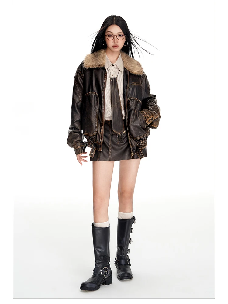 Lautaro Spring Autumn Cool Handsome Vintage Distressed Brown Pu Leather Jacket Women Faux Fur Collar Luxury Designer Clothing