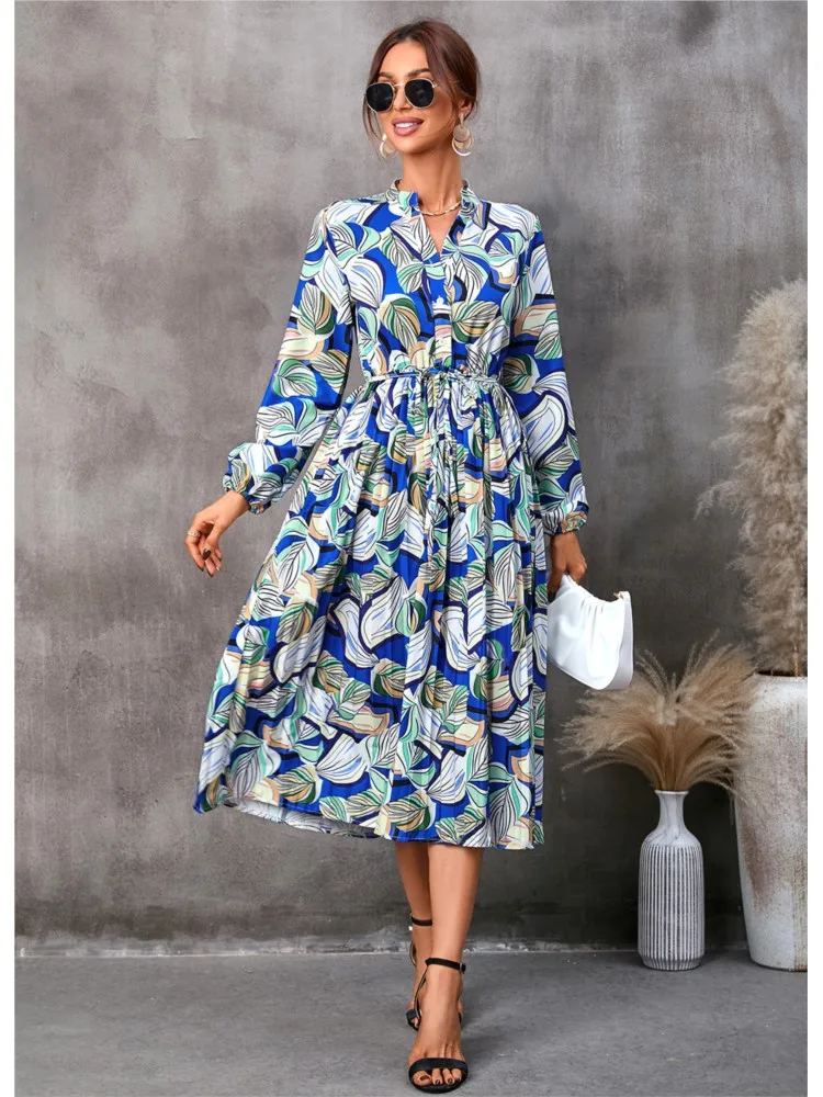 Nowa damska jesienna sukienka z nadrukiem liści, sznurowana w talii, o średniej długości, z długim rękawem, kołnierzykiem koszulowym, codzienna, wygodna, plisowana.