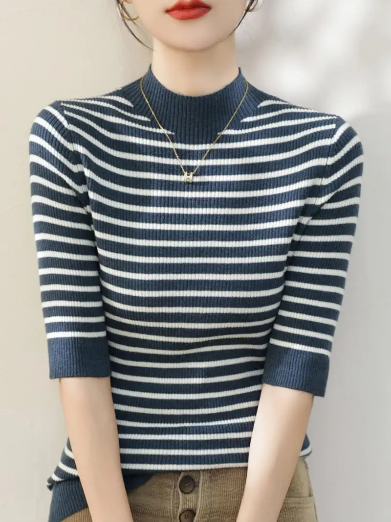 2024 Summer Striped Half High Collar Middle Sleeve Spring Slim Contrasting Colors Comfortable Tops Affordable All-match T-shirt