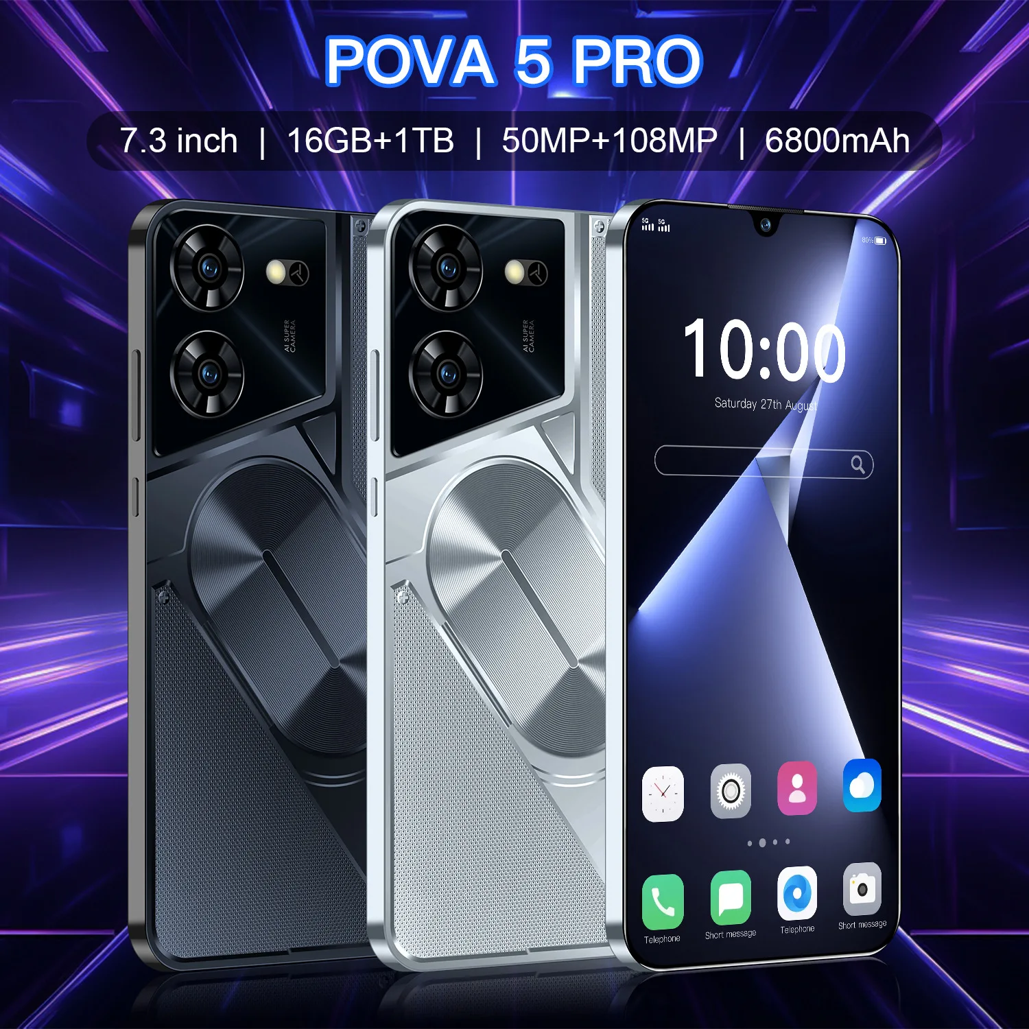 

POVA5 Unlocked Cell Phone 5G Android14 Smart Phones 6.7 Inch 22GB RAM+2TB ROM Full Screen Incell 5000mAh Dual Sim