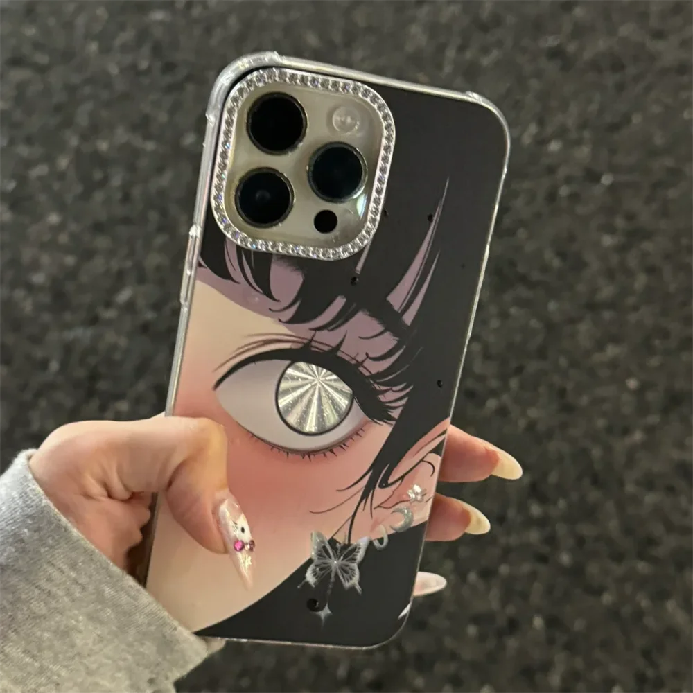 Luxury Anime Girl Bling Laser Tear Phone Case For iPhone 15 13 14 12 Pro Max Diamond Radiant Lens Protection Soft Silicone Cover