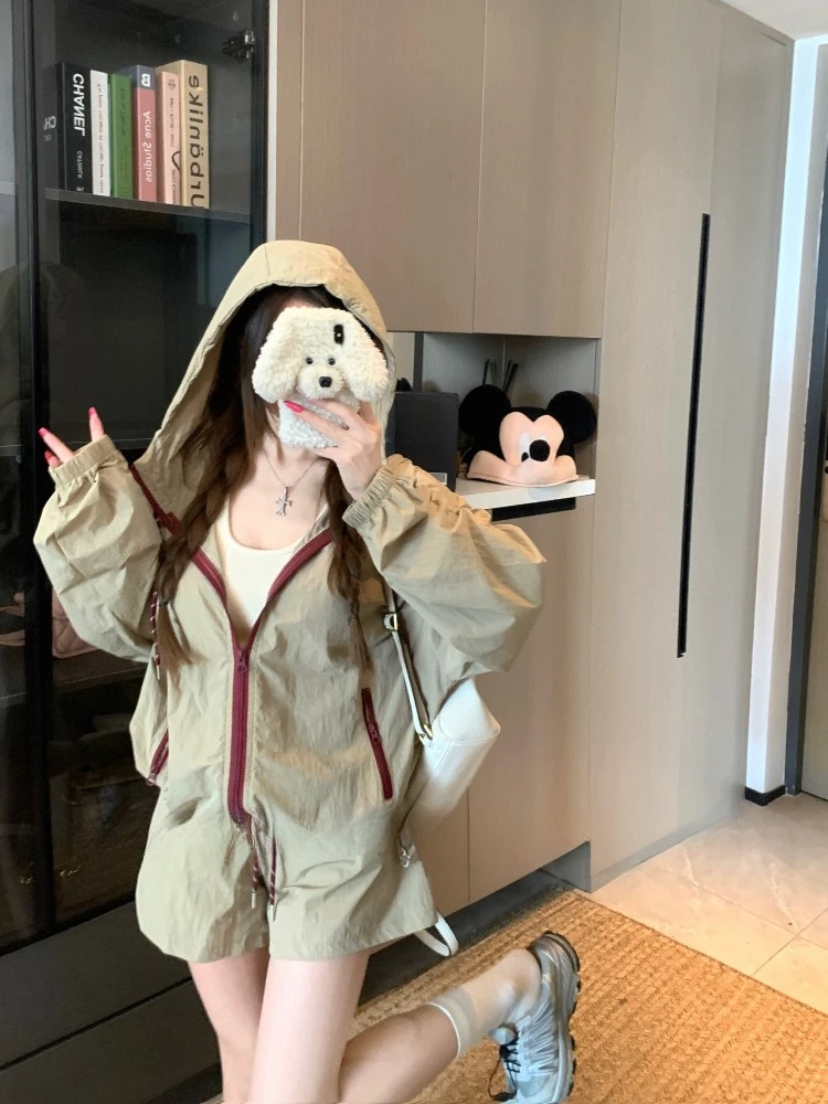 

Sports leisure sun protection fashion set women's summer new style hooded zipper jacket top versatile shorts two-piece set