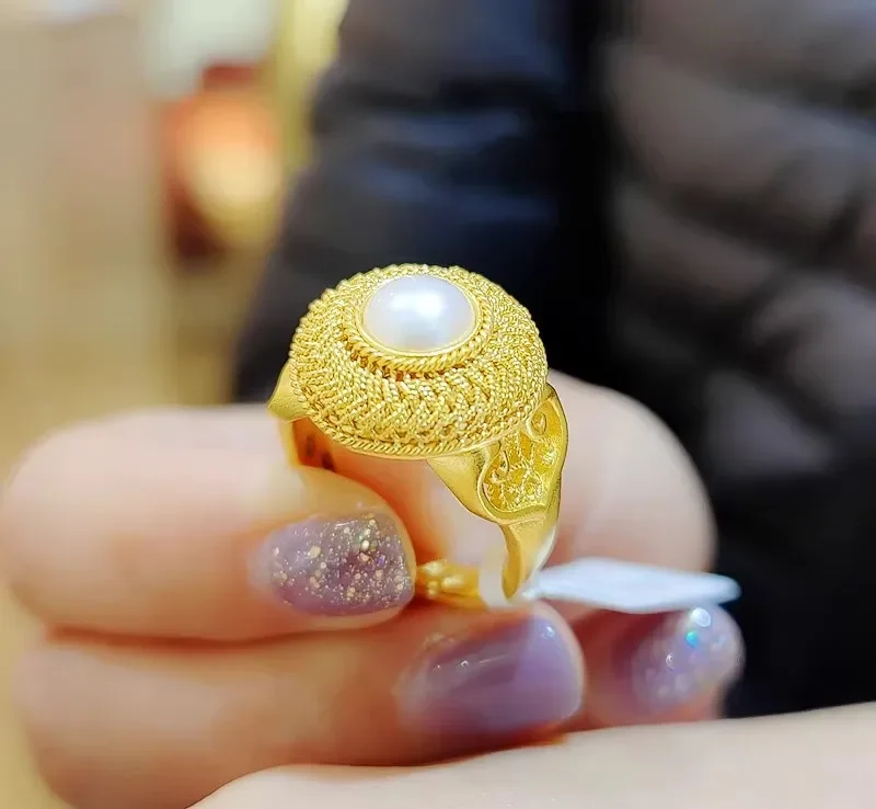 Fylia Jewelry   Boutique 24K real gold New Chinese retro silk Pearl Ring au9999 Gold ancient fashion ring index finger ring