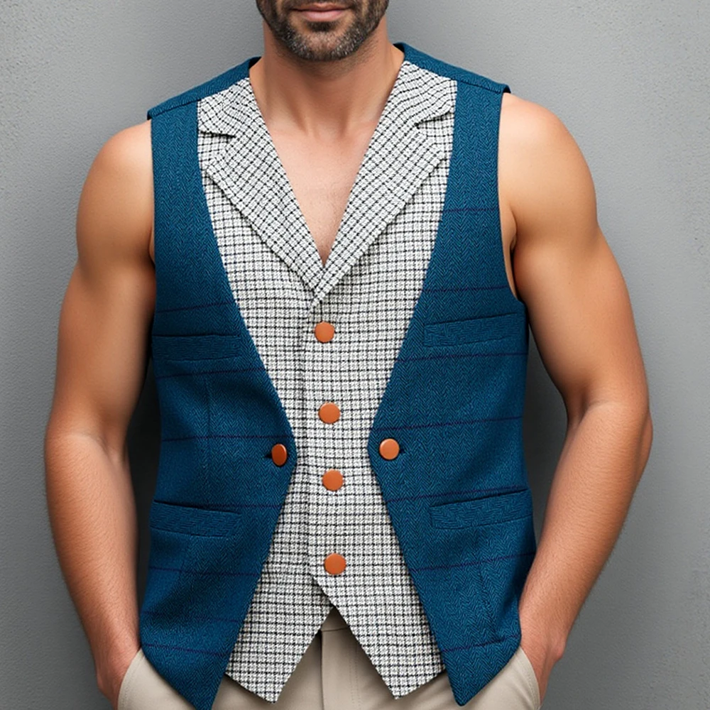 

Plaid Vest Male Collar Splicing Tweed Men's Vest Business Waistcoat Wedding Vest