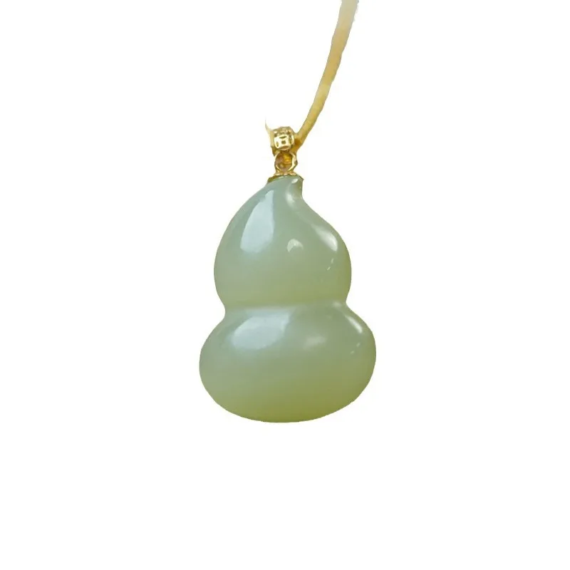 Natural Hetian Jade Light Blue Gourd Pendant Necklace 18K Gold Inlaid Unisex Fashion Jewelry