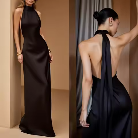 Elegant Silk Halter Neck Dress For Evening Wear Women's Sleeveless Bridesmaid Dress Chic Solid Backless Bodycon Long Formal Gown