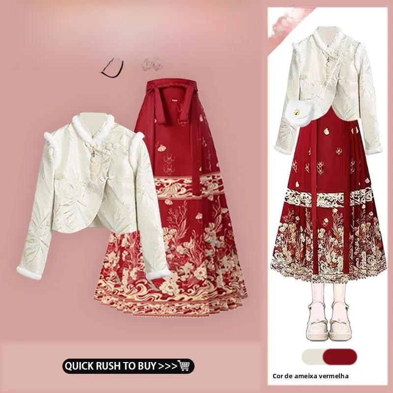 new-chinese-style-short-fleece-lined-women's-jacket-high-waist-slimming-skirt-set-high-fashion-sensation-winter-new-arrival