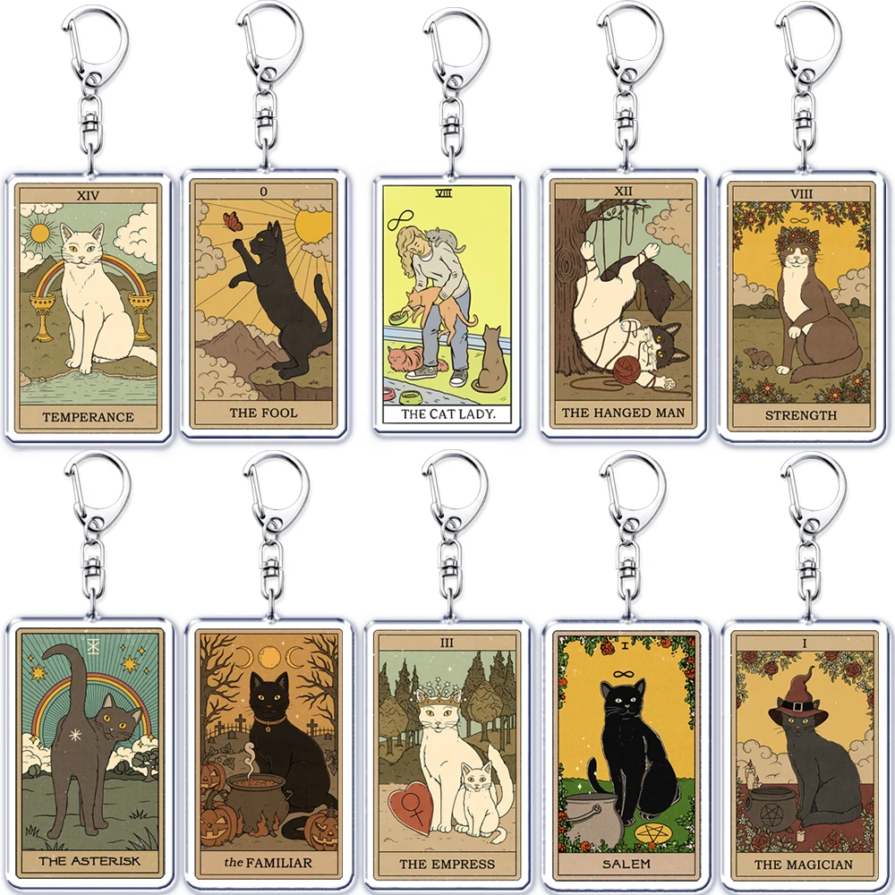 Cute Retro Tarot Pai Graffiti Cat Keychain for Accessories Bag Pendant Vintage Kitten Meow Key Chain Ring Keyring Jewelry Gifts