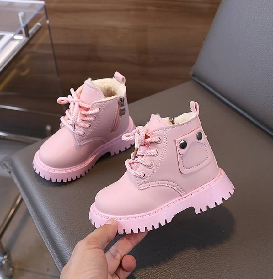 Fashion Kids Leather Pocket Chelsea Boots Waterproof Children Sneakers Beige Toddler Snow Boots Girl Winter Shoe Boy SHOES ﻿