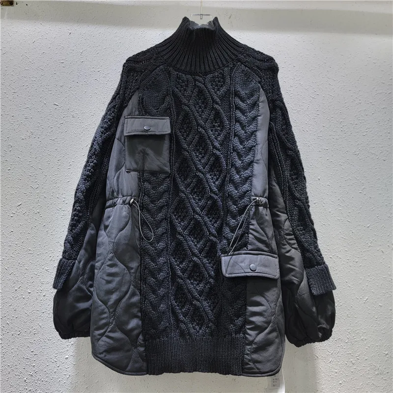 Women Turtleneck Twist Knit Spliced Sweater Autumn Winter Thickened Loose Cotton Padded Patchwork Pullover Knitwear Jumpers Tops