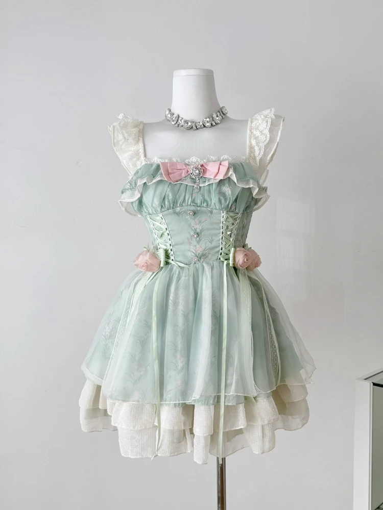 Japanese Sweet Lolita Jsk Dress Women Kawaii Cute Flower Ruffles Bow  Trailing Princess Dresses Girl Elegant Y2k Fairy Mini Dress - AliExpress  200000345