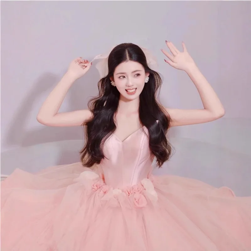 Evening Gown, Rose Fluffy Skirt, Princess, Bride, Wedding Toast, Morning Gown, Art Exam, Coming of Age Ceremony, Strapless Dress