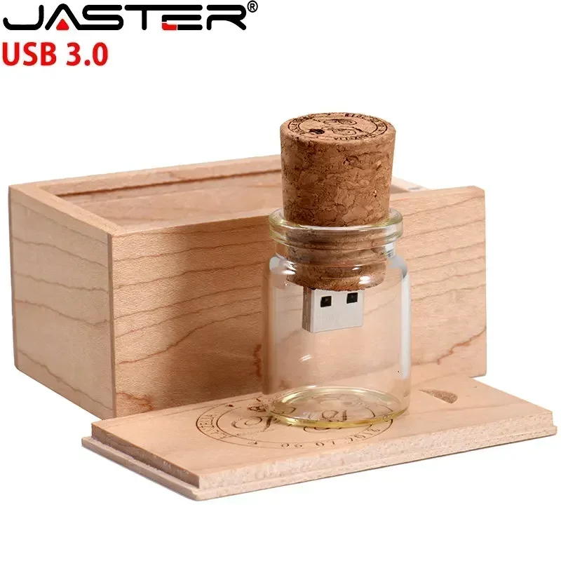 JASTER Free LOGO Wooden + Box USB 3.0 Pen Drive 128GB Wishing Bottle Memory Stick 64GB Wedding Gift Photography Flash Drive 32GB