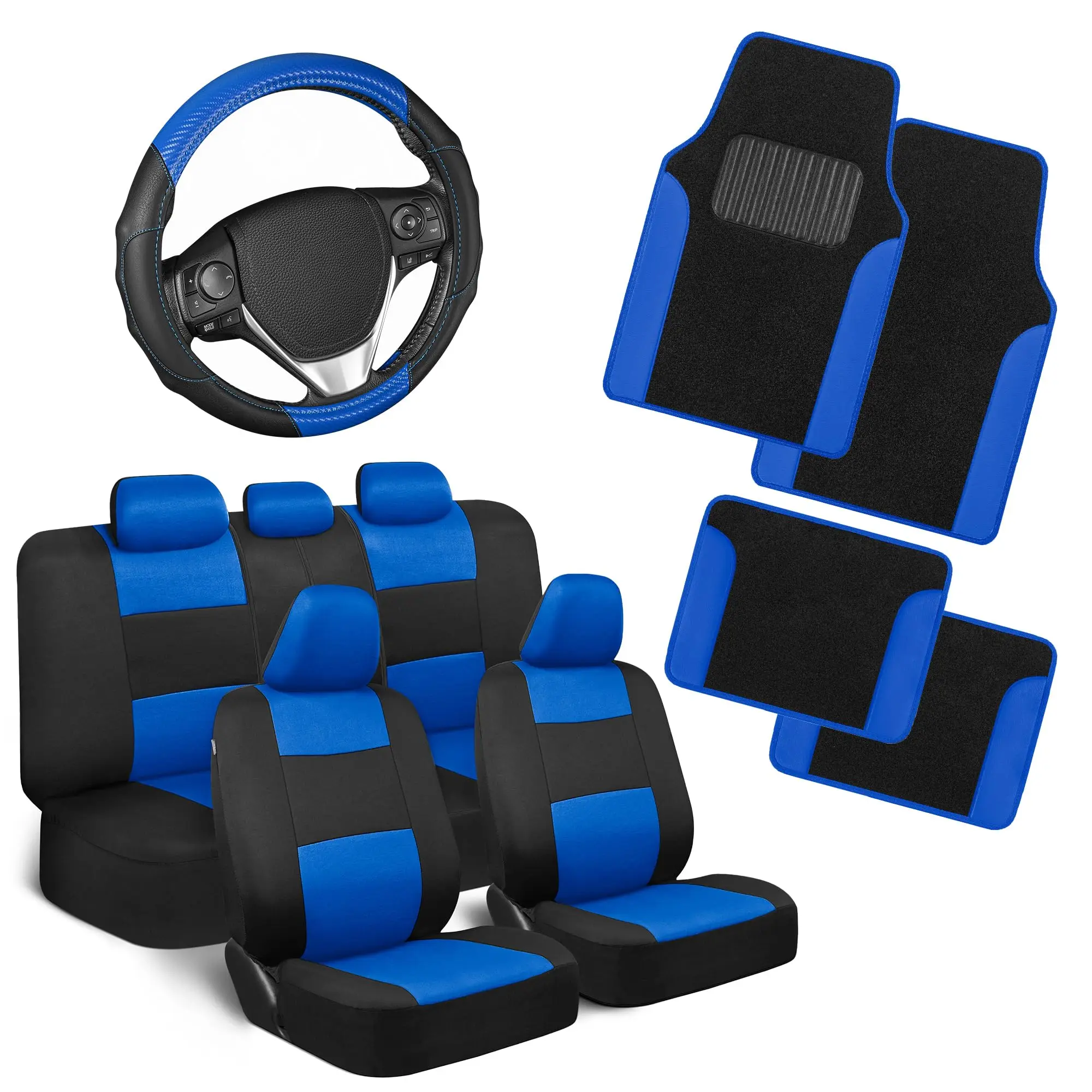 

Complete Car Interior Kit: Blue And Black Two-Tone Seat Covers, 4-Piece Floor Mats With Heel Pad, Steering Wheel Cover For Most