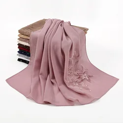 Hijab en Mousseline de Soie Brodée pour Femme, Châle Islamique, Écharpe de Sauna Musulmane, Longue, Nouvelle Collection