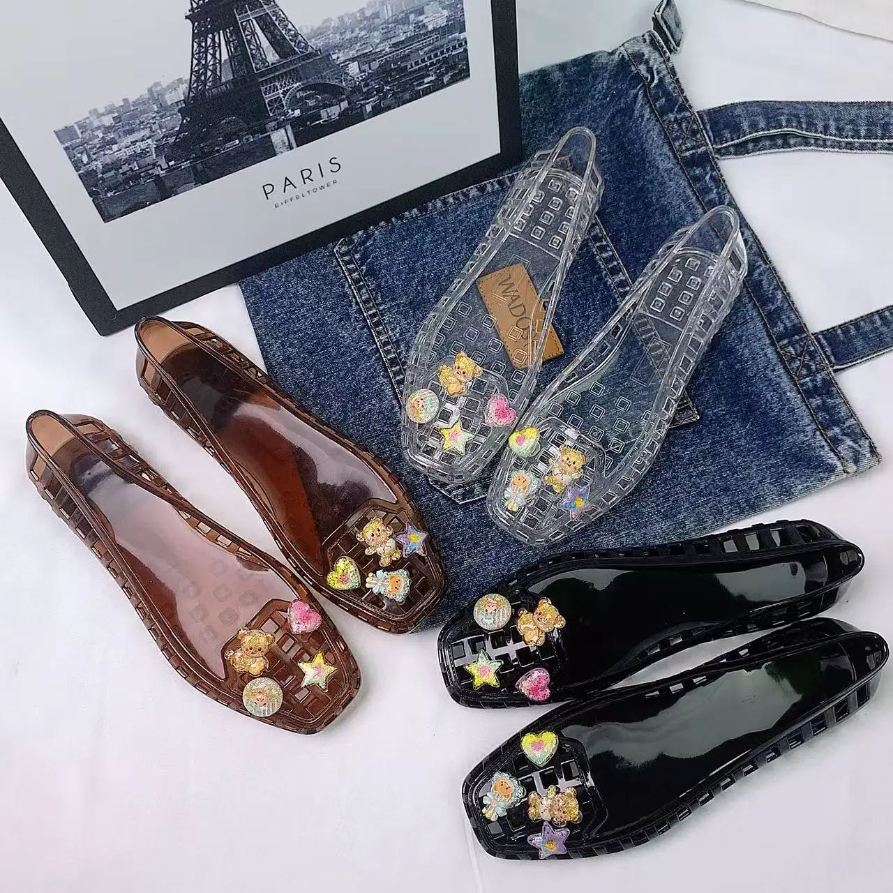 Jelly Crystal Shoes Women's Shoes Colorful Bear Set Accessories Crystal Clogs Sandals Jelly Shoes Slip-On Slippers