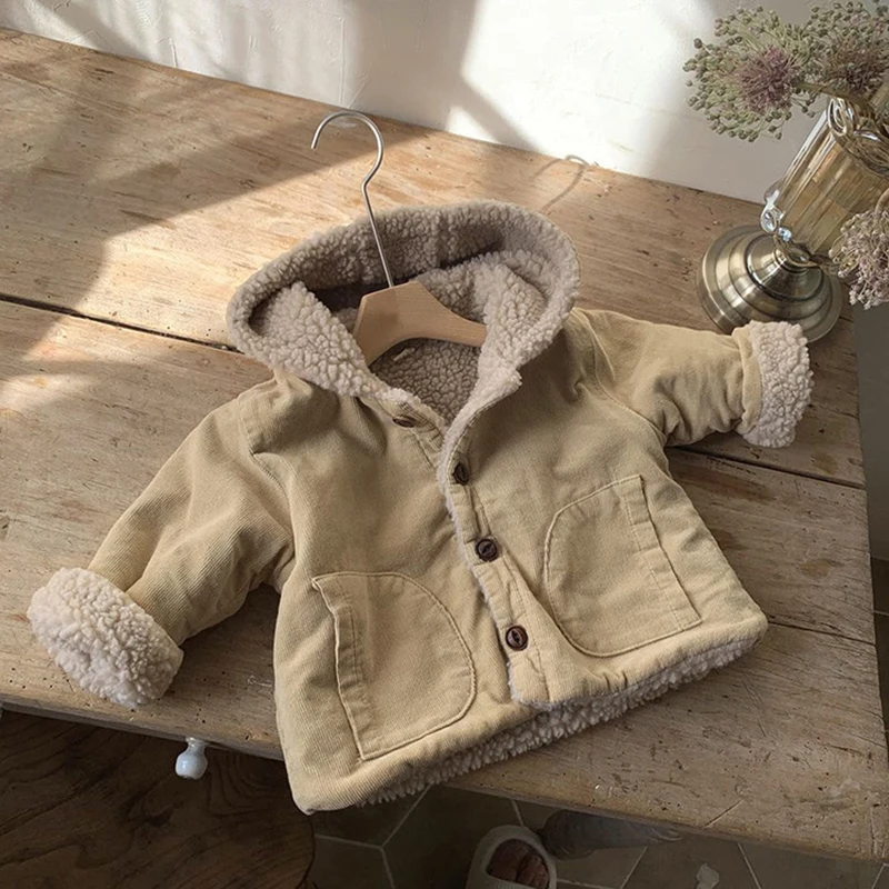 

Baby Winter Hooded Coat Corduroy Baby Boy Girl Clothes Lamb Wool Thickened Toddler Cardigan Jacket Baby Warm Clothing Outerwear