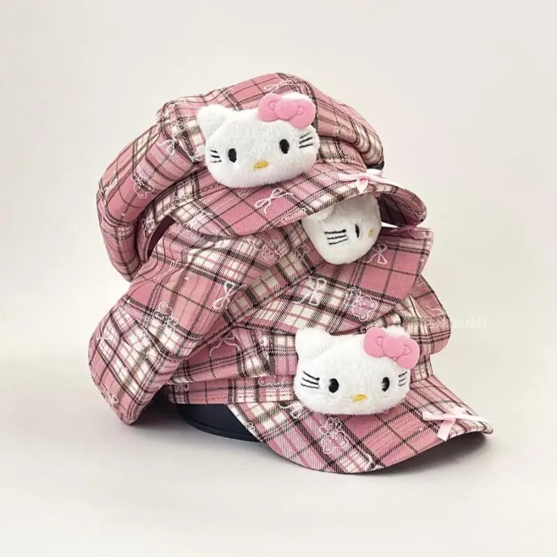 

Cute Cartoon Hello Kitty Decorative Literary Plaid Octagonal Painter Hat Women's Autumn Sweet Versatile Sunshade Newsboy Cap