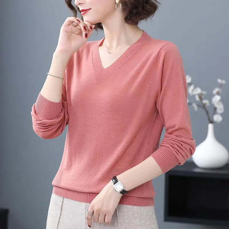 Women's Clothing Sweater Knitted Solid Color V-Neck Screw Thread Pullover Long Sleeve Casual Fashion Spring Autumn Korean Tops